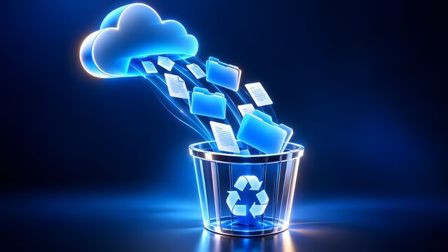 Cloud computing concept with glowing blue data folders falling into digital recycling bin symbolizing digital cleanup