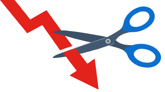 Giant scissors cutting red downward arrow plunging down, stopping fall, symbol of cutting losses, halting market decline crash and financial loss intervention on white background rescue concept