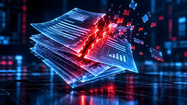 Shattering stack of digital documents exploding into glowing pixels symbolizing massive data loss and file corruption