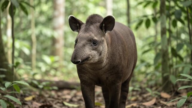 Cinematic Portrait of a South American Tapir Standing on the Amazon Rainforest Floor with Flexible Snout and Calm Eyes