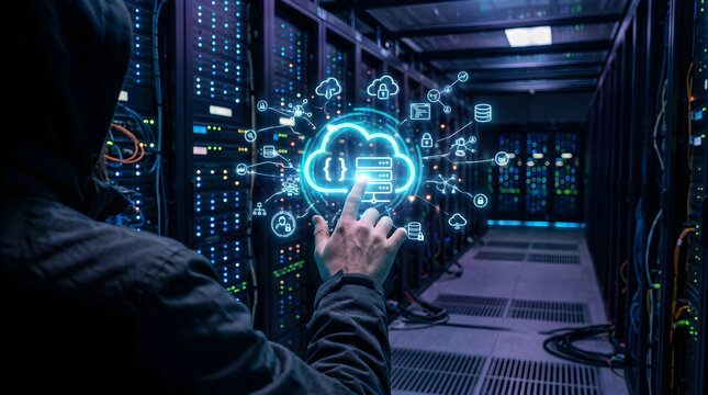 Faceless cloud and DevOps holographic concept, touching a floating holographic icon, over-the-shoulder view toward the glowing screen