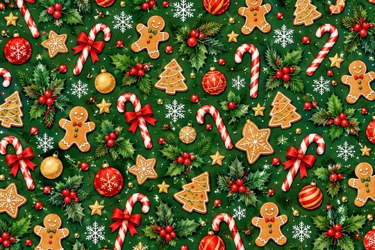 Seamless Christmas Pattern with Candy Canes, Gingerbread Cookies and Holly Leaves on Green Background