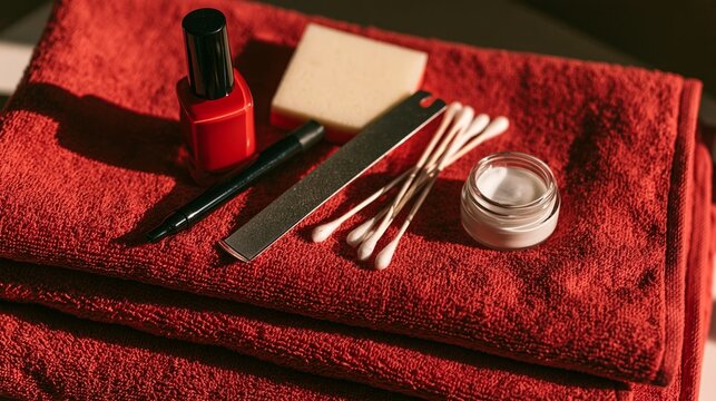 Professional nail care tools and polish arranged on red towel for
