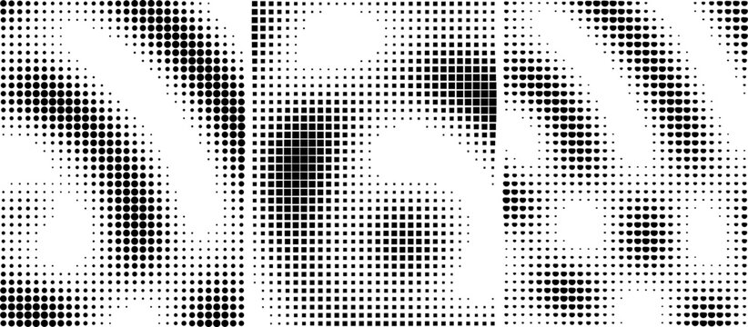 Abstract black and white halftone texture background vector set with dot and square pattern overlay effect