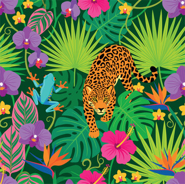 Seamless Tropical Jungle Pattern with Wild Jaguar Leopard, Tree Frog, Exotic Orchid Flowers, and Monstera Green Palm Leaves Background for Summer Fabrics