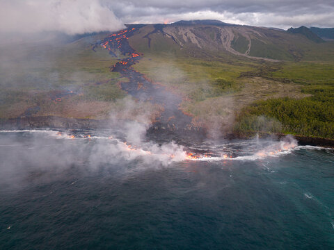 Steam plume where lava meets the sea, Saint Philippe, Reunion