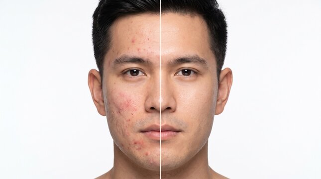 Man face acne treatment before and after split comparison, showing clear smooth skin progress, pimple cure, dermatology solution, and mens grooming care