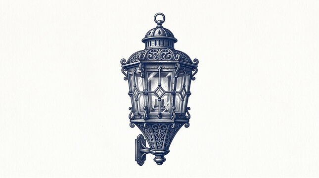 Deep navy monochrome engraving vintage ship stern lantern on white background