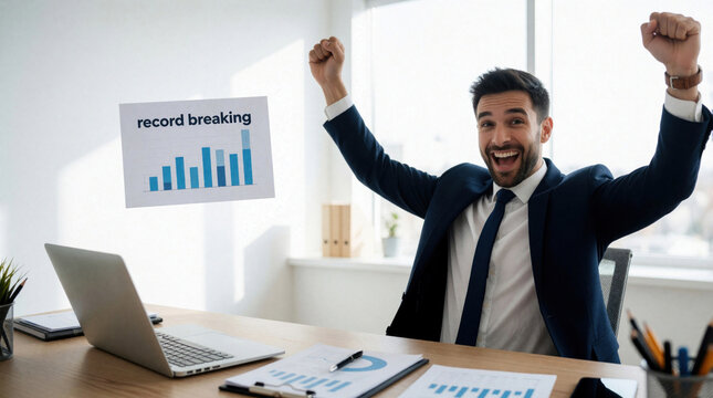 Excited businessman in formal suit celebrates record breaking growth in modern office. Happy male executive cheers with raised arms near laptop, desk. Successful pro achieves high profit, winning