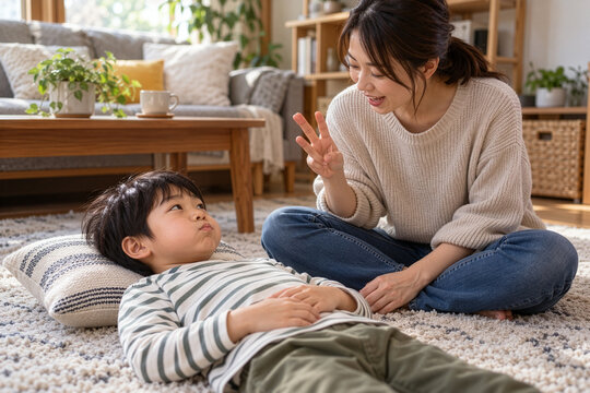 Child doing tongue exercises at home while the mother counts