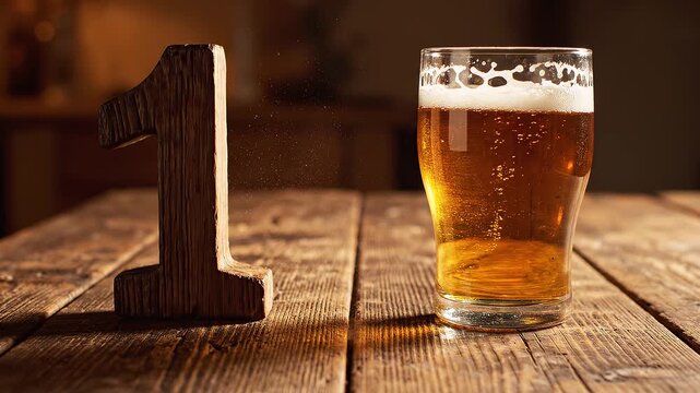 Rustic Wooden Number 1 Falling Beside a Glass of Golden Beer