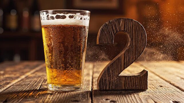Rustic Wooden Number 2 Falling Beside a Glass of Golden Beer