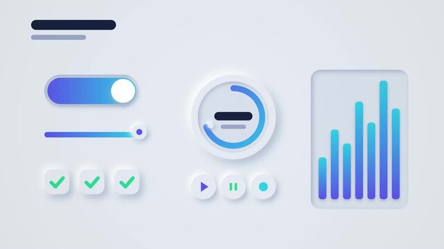 Clean neumorphic UI kit buttons and switches animation loop