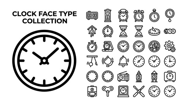 Clock Face Type Collection: A compilation of various clock face designs, from traditional analog to modern digital, representing the diverse ways we measure time.