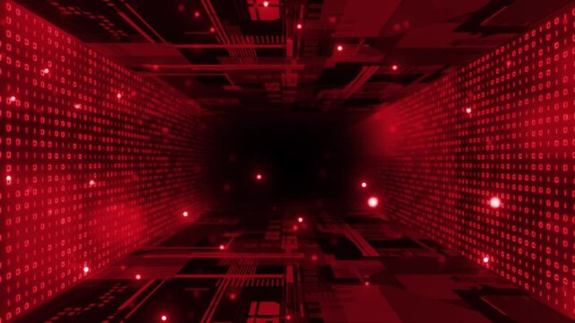 Animated red color computer motherboard  binary code with flowing particles sci fi tunnel futuristic design black seamless technology background