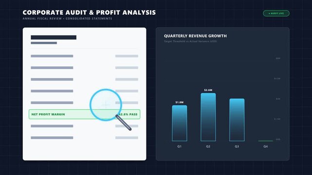 Corporate audit and profit analysis dashboard animation showing quarterly revenue growth bar chart and audit passed stamp