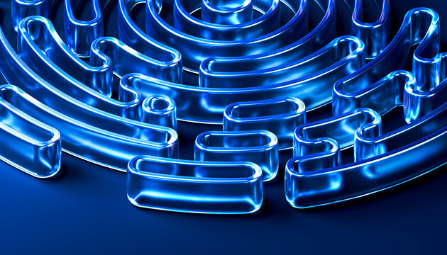 Wide Abstract Fingerprint Labyrinth Formed by Reflective Blue Glass 3D Illustration