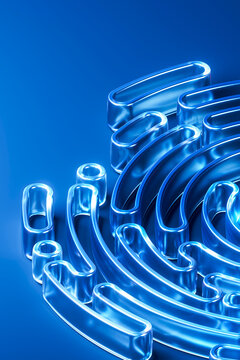 Luminous Blue Glass Fingerprint Pattern with Flowing Curves and Copy Space 3D Illustration