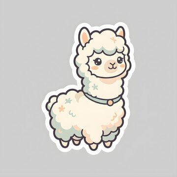 Design an original nature-inspired baby lamb sticker, one tiny fluffy lamb with a rounded wool body decorated with a few integrated leaf-shaped wool curls, small drooping ears, tiny hooves, a cream fa