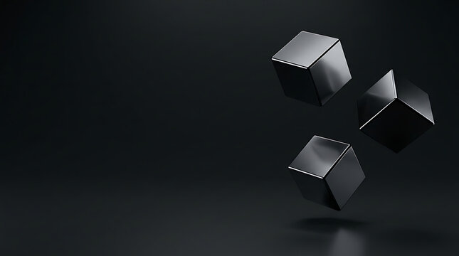 Three metallic cubes floating in space