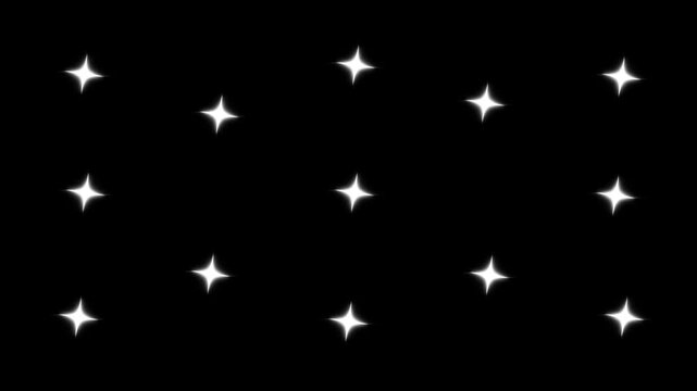 Twinkling stars night sky shine animation, white cartoon doodle style flat vector stars, magic light effect trail magic sparkling effects on black screen background.4K