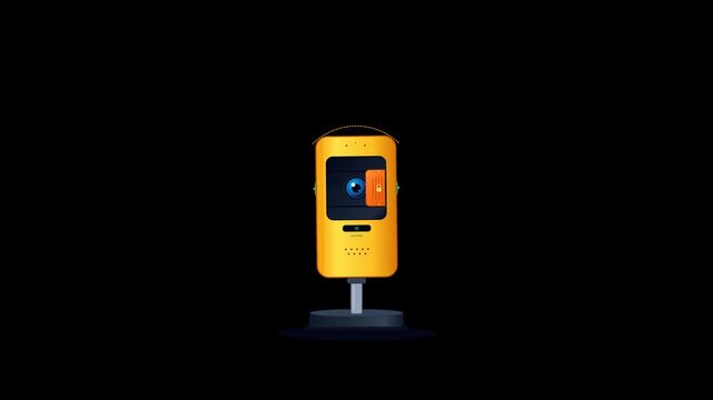 Flat vector indoor smart camera with mechanical sliding privacy shutter and status indicator LED in seamless loop on transparent background.