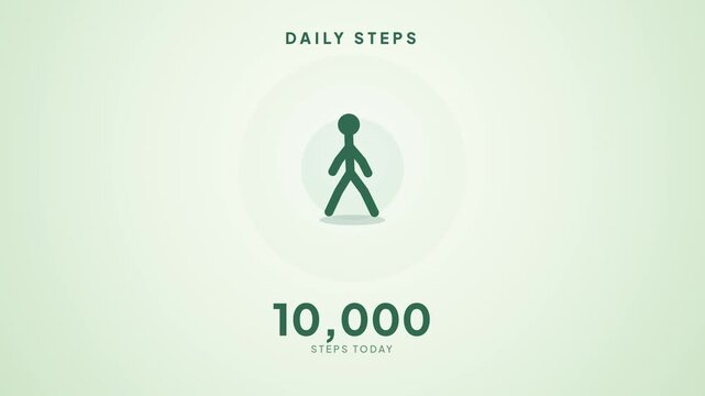 Walking icon animation tracking daily physical steps counter on glowing digital display screen video footage
