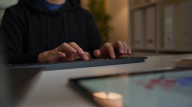 Cybersecurity professional using a laptop and smartphone while monitoring computer code, representing mobile security, digital technology, and network protection.