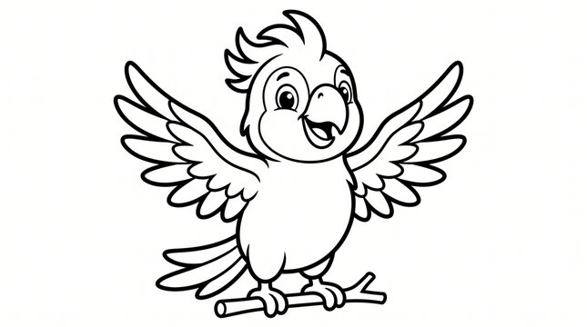 A cheerful cartoon parrot illustration features bold black lines on a white background avian