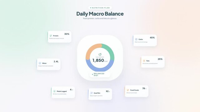 Daily macro balance animation displaying nutrition plan statistics and calorie charts on sleek video motion graphics interface