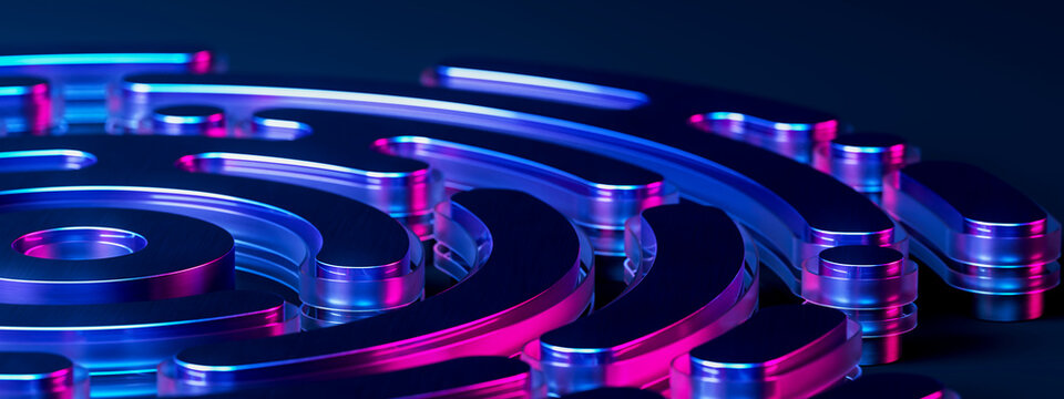 Rhythmic Neon Geometry Evoking Automation and Modern Manufacturing 3D Illustration