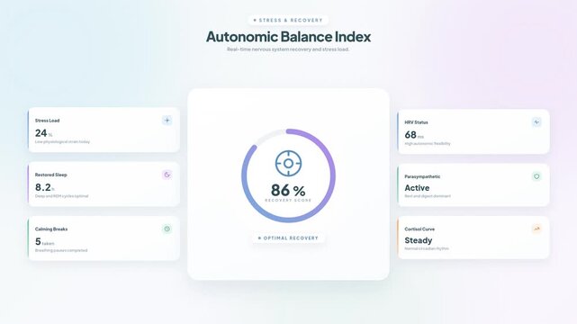 Digital dashboard interface displays autonomic balance index metrics stress load levels and health recovery animation clip