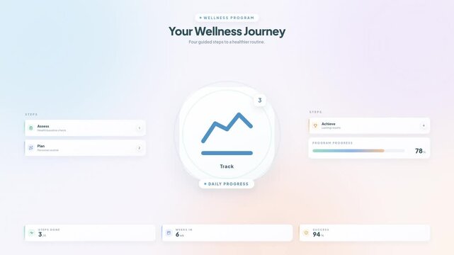 Dynamic digital wellness application interface animation displaying daily progress charts with soft pastel gradient motion footage