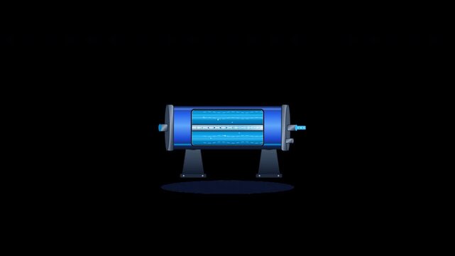 Horizontal reverse osmosis membrane vessel module cutaway showing spiral wound membrane leaves and laminar permeate flow on transparent alpha channel.