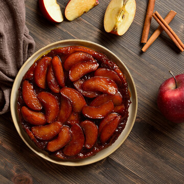 Delicious apple tarte Tatin with sweet caramelized red apples and sugar caramel