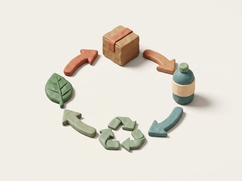 Circular Economy Concept: A conceptual diagram illustrating the principles of a circular economy, featuring a package, a bottle, a leaf, recycling symbol, and arrows in a continuous loop.