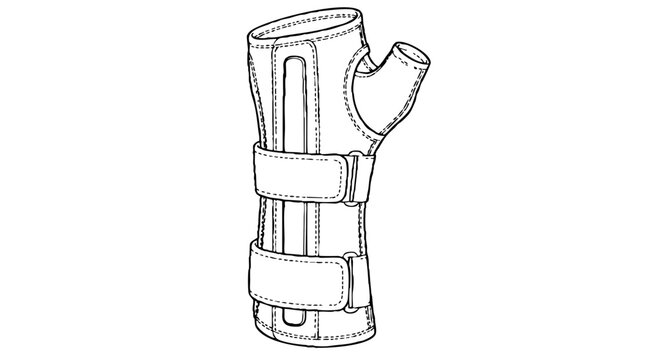 Wrist splint with a thumb cutout, two hook-and-loop bands and a metal stiffener strip, a vector icon for orthopedic care and recovery.