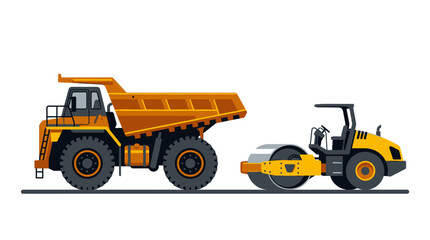 Heavy Duty Industrial Construction Vehicles Illustration Featuring a Large Yellow Dump Truck and a Road Roller Compactor in Profile View Isolated on White Background © OmDimas