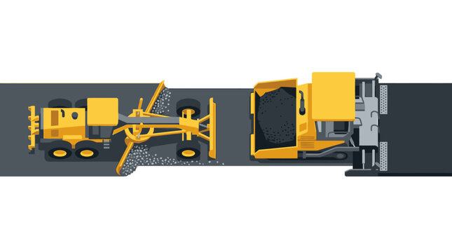 Overhead View of Yellow Motor Grader and Asphalt Paver Working on a New Road Surface. Vector Illustration of Heavy Civil Engineering Machinery Laying Gravel and Asphalt for Infrastructure.
