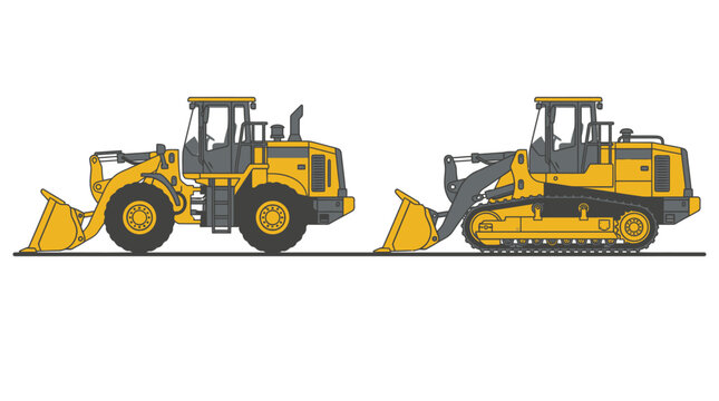 Side Profile Illustration of a Yellow Wheel Loader and a Yellow Track Loader Side by Side on White Background, Heavy Construction Machinery and Earthmoving Equipment Vector Art.