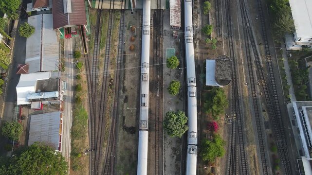 Aerial Footage of Passenger Train Carriages Lined Up at Purwokerto Railway Station in the Morning, Central Java, Indonesia.