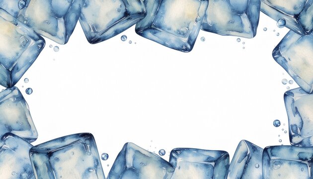 Cool watercolor ice cube border frame with water drops on white background