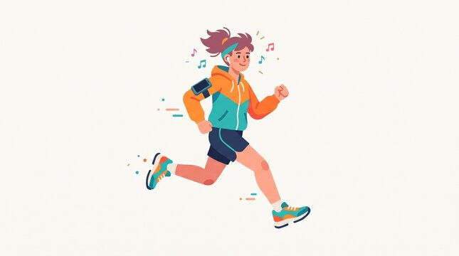Young Woman Running while Listening to Music Vector Illustration