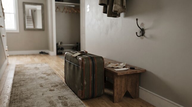 Vintage Suitcase Ready for Adventure: An old-fashioned suitcase rests on a rustic bench in a hallway, hinting at journeys past and future adventures.