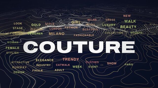 Couture animated topography word cloud, text design animation, seamless loop