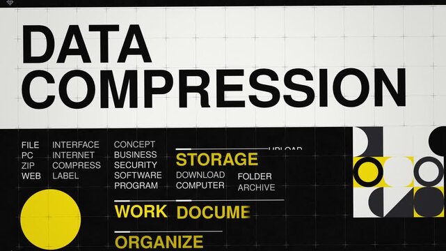Data compression animated word cloud, swiss grid text design animation, seamless loop