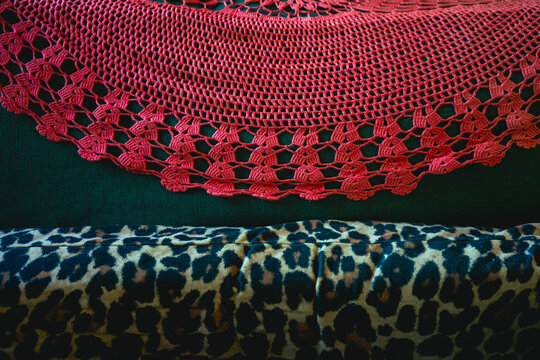 Decorative red embroidery on the armchair