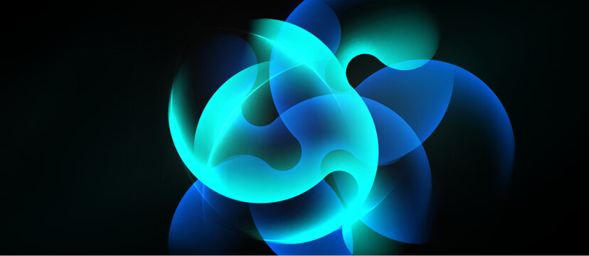 Abstract swirls, luminous blues, teal hues dominate dark background. Flowing shapes suggest energy, movement, depth. Soft gradients create visual interest.