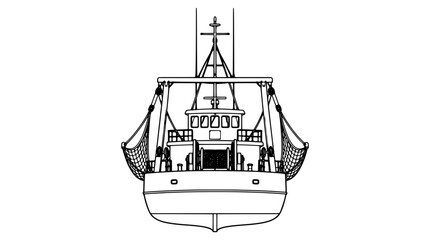 Line art illustration of a commercial fishing trawler seen from stern with gantry frame wheelhouse and hanging nets drawn with thin lines in front composition showing hull shape and rigging gear © Ryan