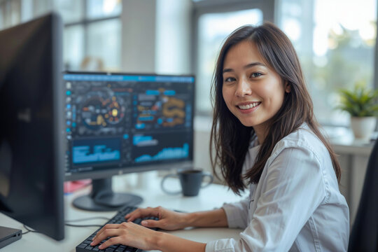Happy female programmer in a bright office, sitting at her desk in front of a computer monitor displaying artificial intelligence symbols